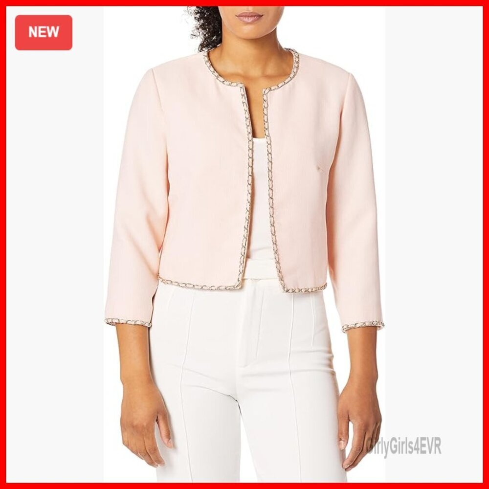 Tweed Blazer with Chain Detail, 3/4 Sleeve, Lightweight, Open Front